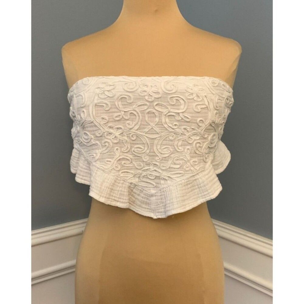 American Eagle Crop Top Womens L Strapless Stretch Ribbed White Ruffled Cotton
